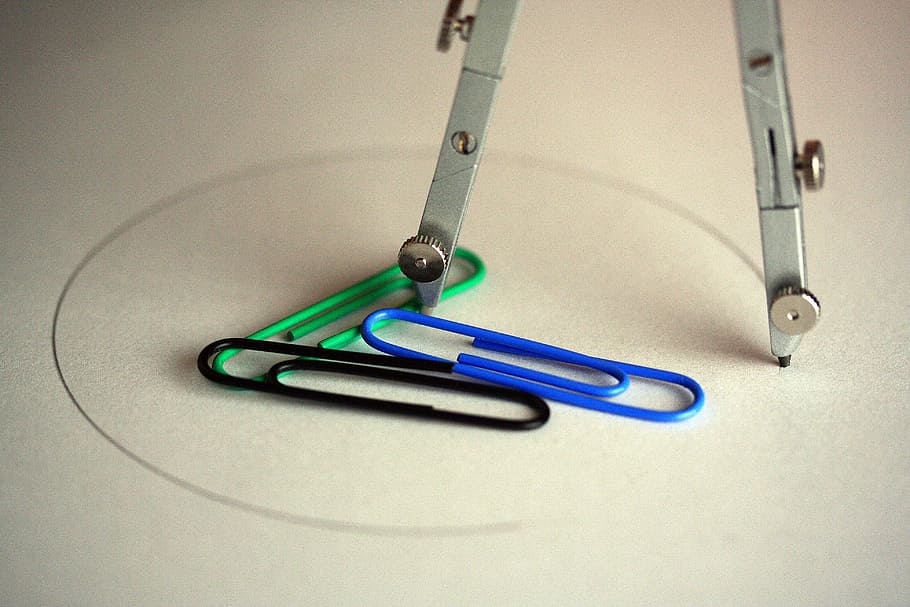 blue, green, and black paper pins, Compass, Paperclip, Circle