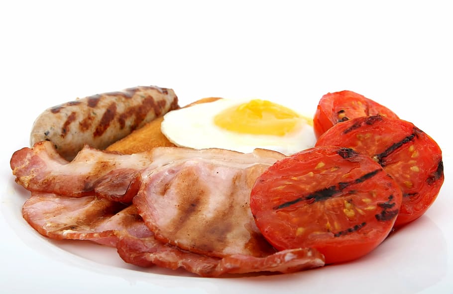 sausage; bacon and egg with grilled tomatoes, bread, breakfast