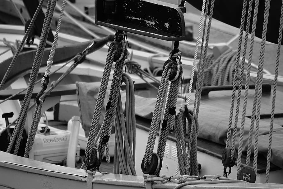 grayscale close-up photography of boat cables, strings, sailboat HD wallpaper