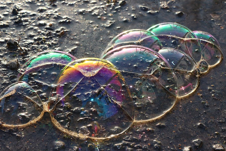 blow, soap bubbles, water, puddle, iridescent, multi colored HD wallpaper
