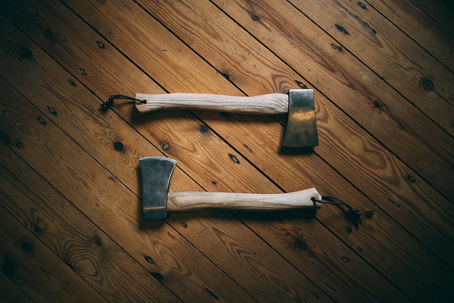 black axe on brown surface, hand tool, cutting, chopping, metal HD wallpaper