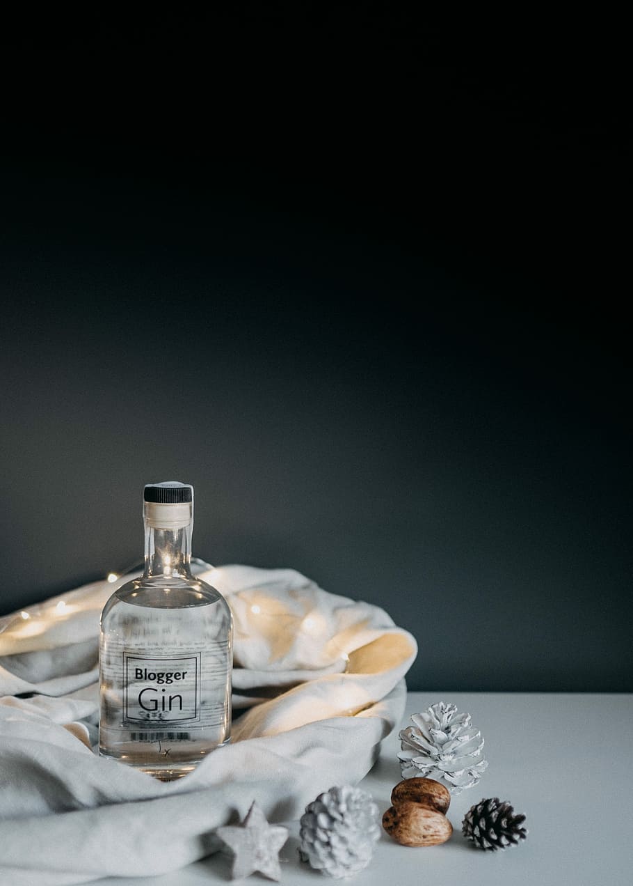 Blogger Gin, Blogger Gin bottle near pine cone on tabletop, indoors HD wallpaper