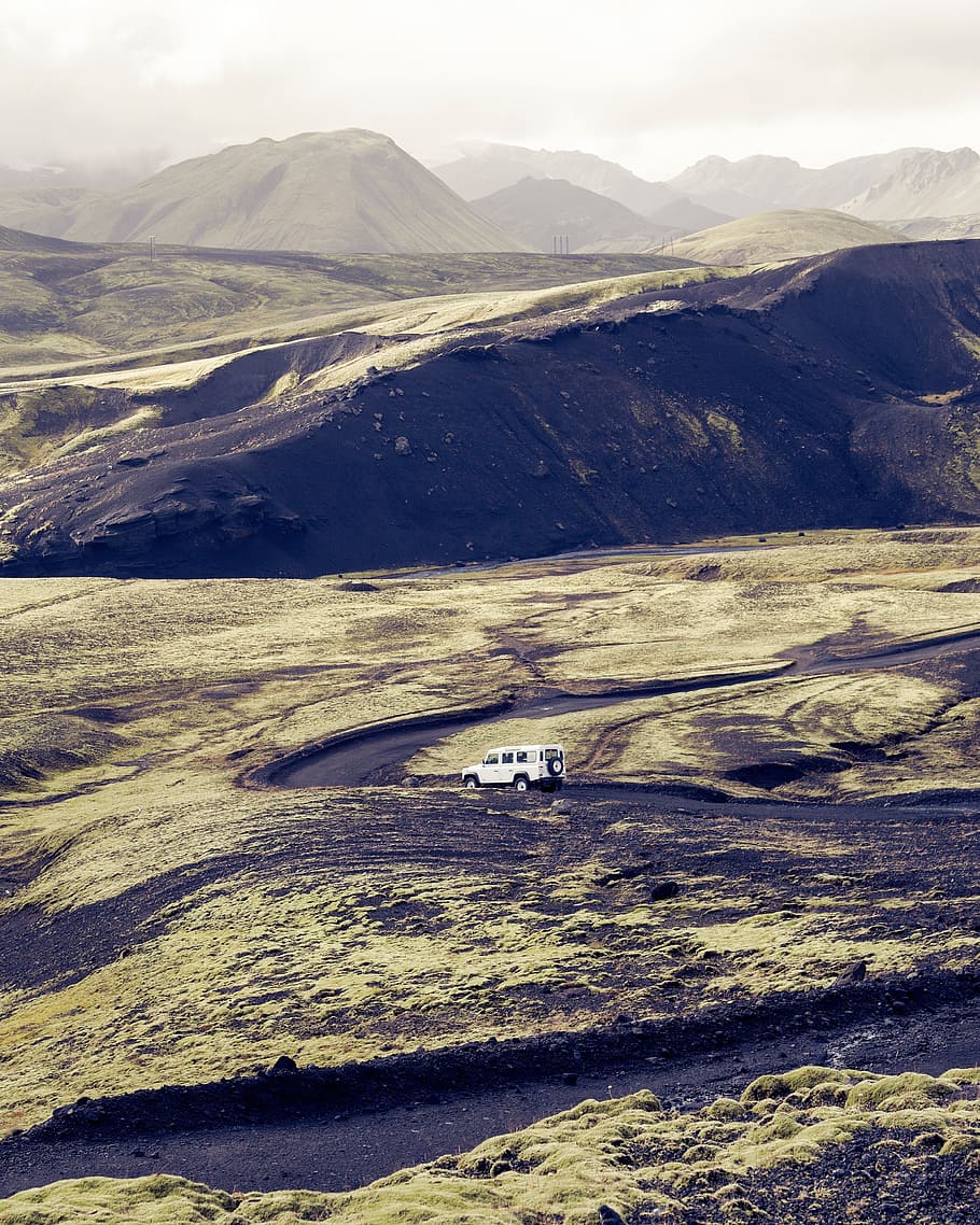 highland, mountain, sky, path, road, car, vehicle, travel, green HD wallpaper