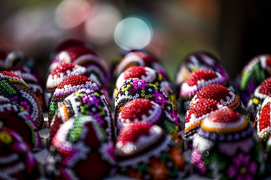 bokeh photography of assorted-color hats, bucovina, easter eggs HD wallpaper