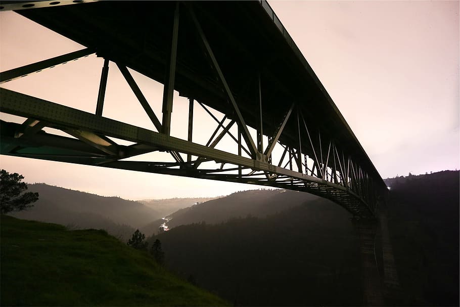 bridge, sunset, architecture, hills, trees, connection, bridge - man made structure HD wallpaper