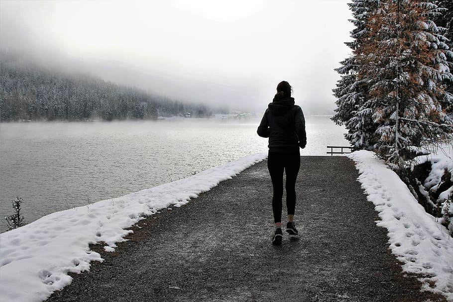 running, training, beach, lake alpine, lonely, davos, winter, HD wallpaper