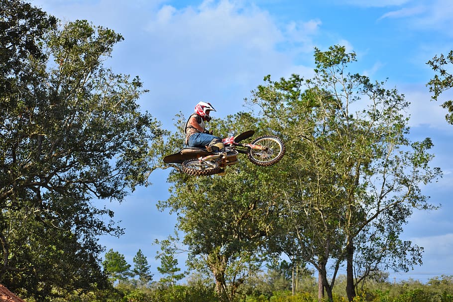 whip, jump, airborne, tree, nature, sky, summer, motocross HD wallpaper