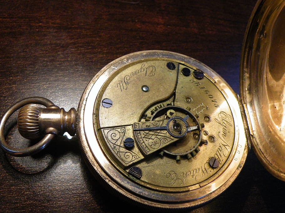 gold pocket watch on brown table, antiq, ancient, metallic, old-fashioned, HD wallpaper