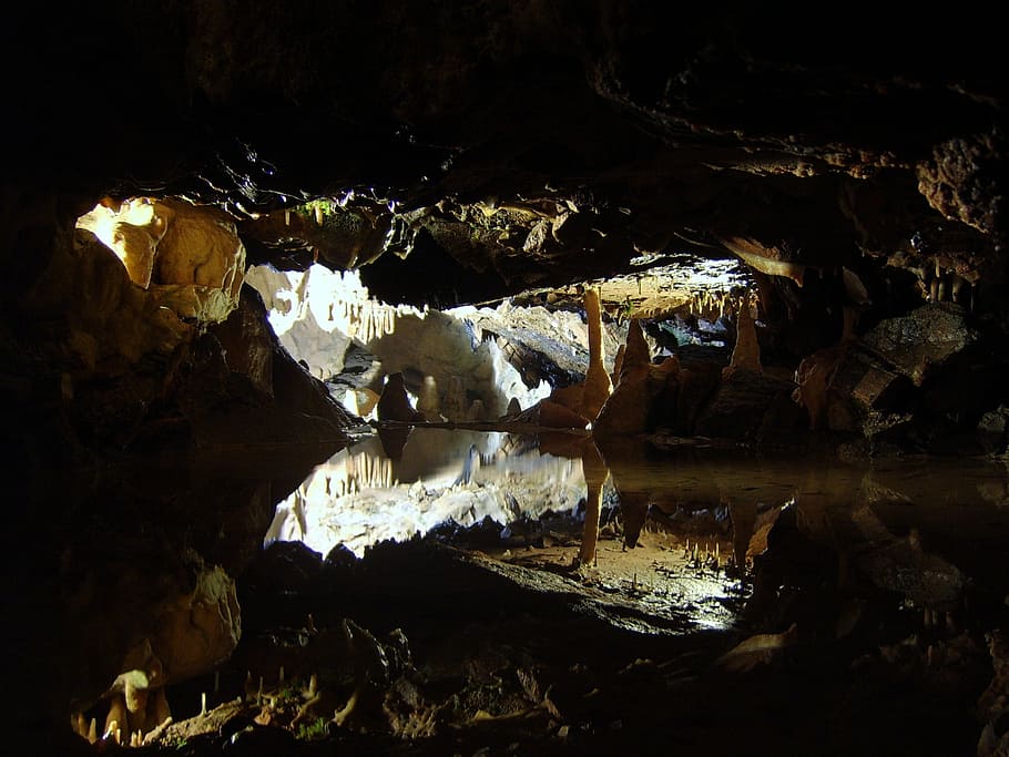 cave, stalactites, stalagmites, reflection, water, underground HD wallpaper