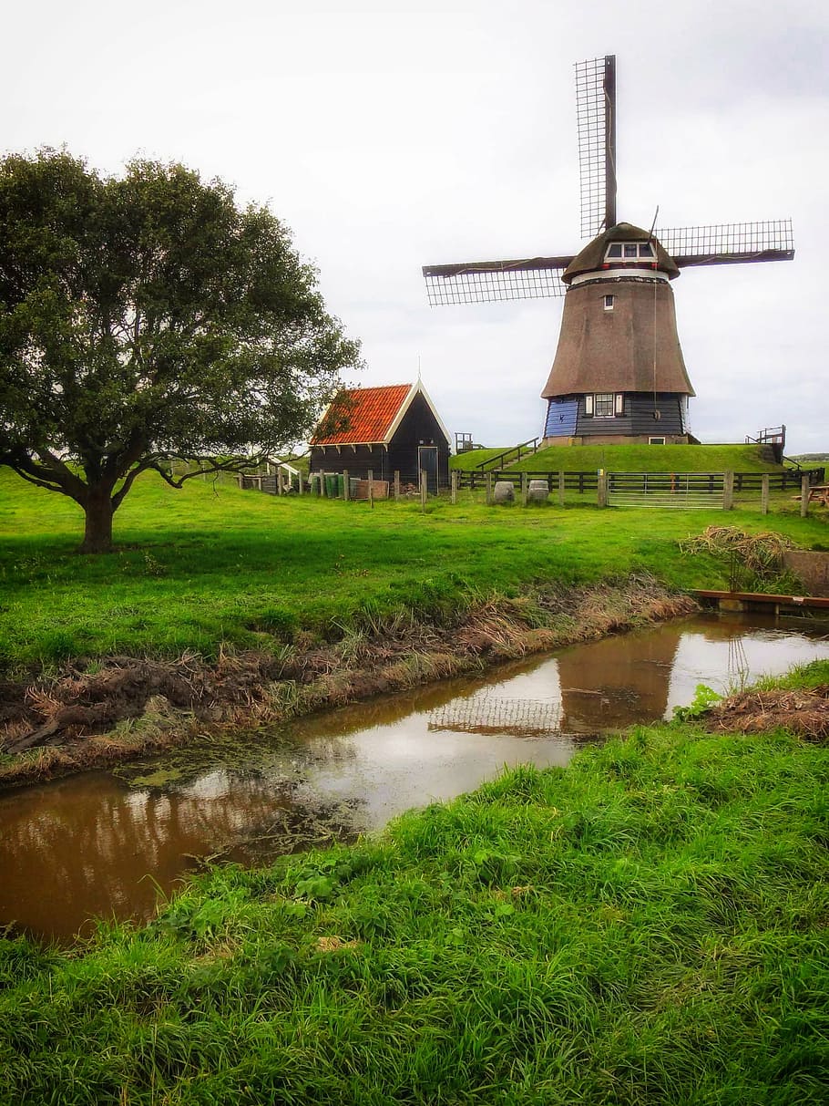 netherlands, windmill, canal, stream, trees, grass, landscape HD wallpaper