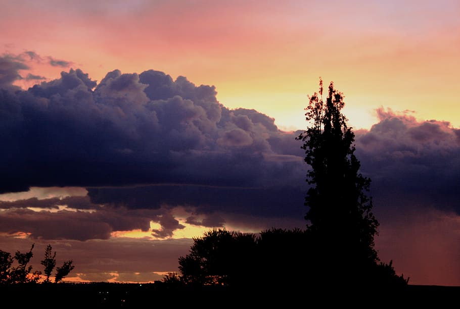 sunset, sundown, clouds, cloudbank, purple, white edges, blushing sundown colors, HD wallpaper