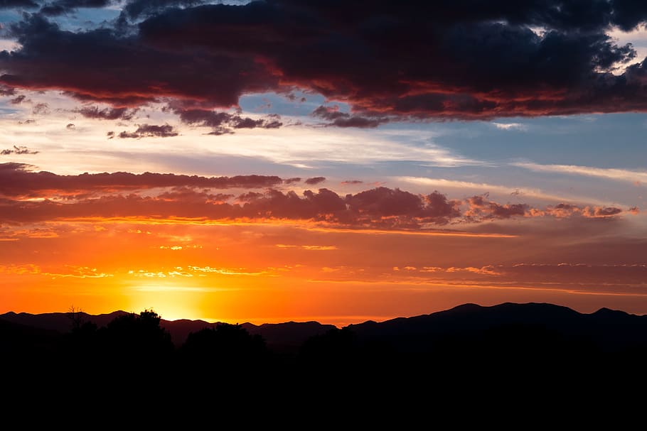 dark, mountain, sky, clouds, orange, sunset, sunrise, silhouette HD wallpaper