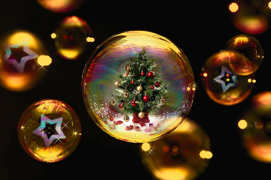 green Christmas tree, christmas ornament, lights, christmas tree ball