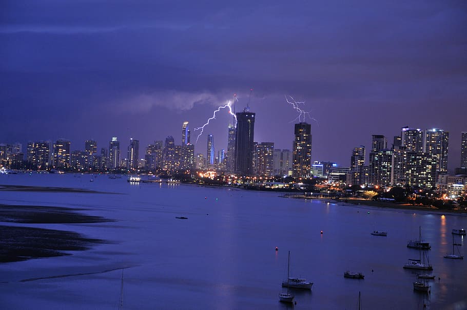 Lightning, Storm, Queensland, cityscape, skyscraper, building exterior HD wallpaper