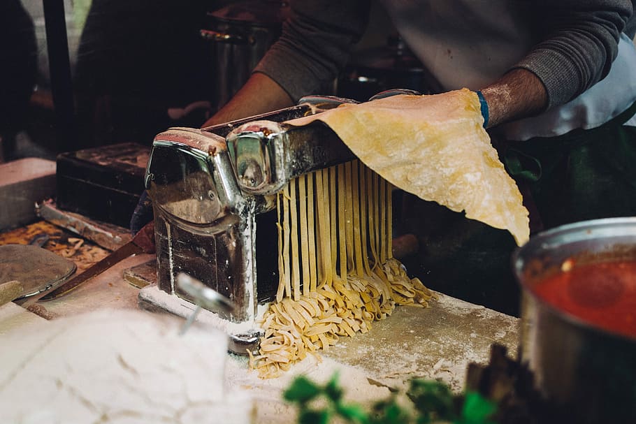 Making fresh homemade pasta, cooking, hands, process, spaghetti
