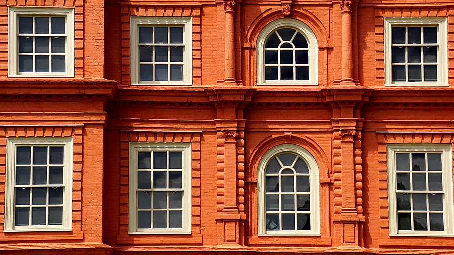 white windows, red, building, architecture, stone, exterior HD wallpaper