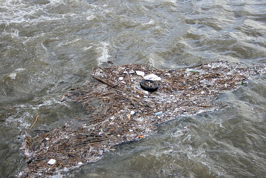 garbage floating on body of water at daytime, river, dirt, waste HD wallpaper