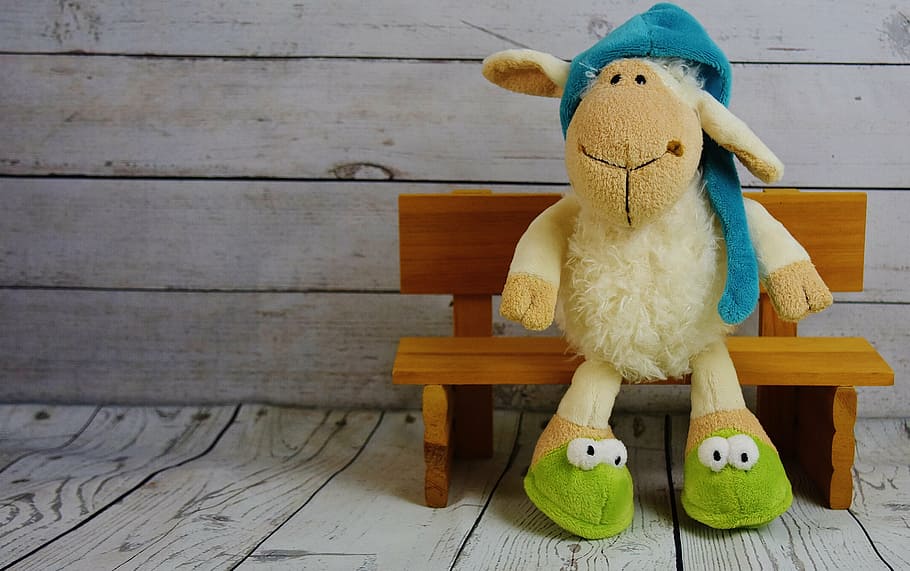 white sheep siting in bench illustration, sleepyhead, cap, slippers HD wallpaper