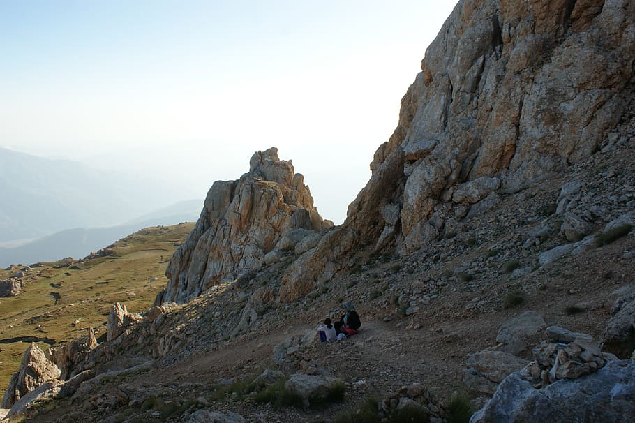 mountains, nature, sky, rock, real people, leisure activity HD wallpaper