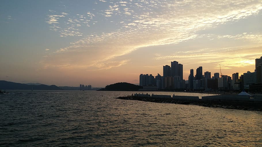 busan, haeundae beach, sunset, city, architecture, water, sky