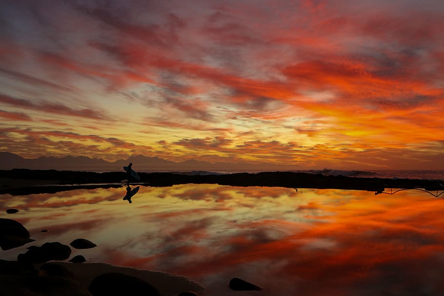 surfer, sunset, reflection, sunrise, sky, clouds, ocean, beach HD wallpaper