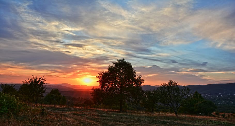 sun, sunset, mountain, landscape, summer, sky, clouds, tree HD wallpaper