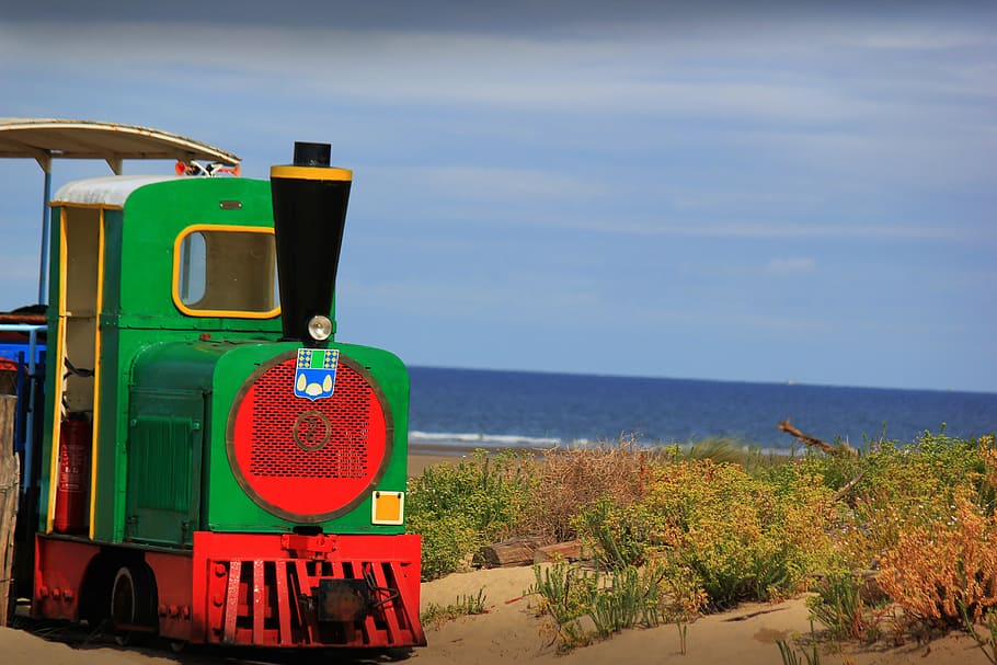 train, nature, beach, blue, landscape, water, holiday, oléron HD wallpaper