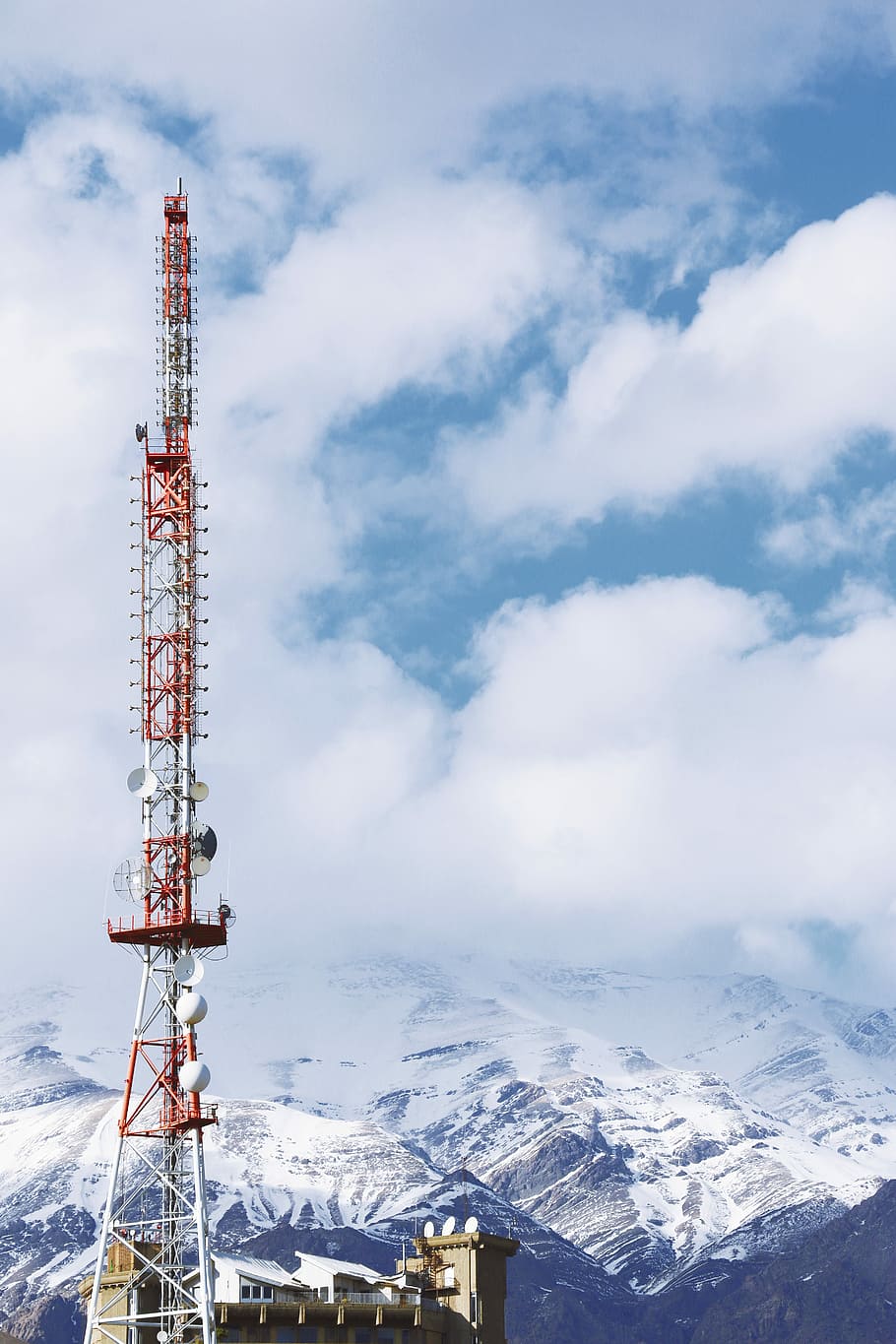 landscape white mountain, white and red antenna under cloudy day HD wallpaper