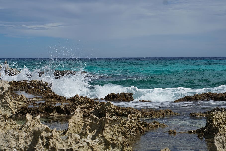 ocean, mexico, beach, waves, splash, sea, water, horizon over water HD wallpaper