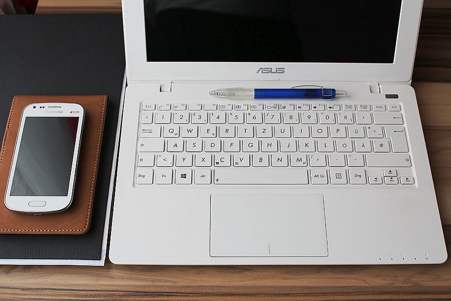white Samsung smartphone beside white Asus laptop, notebook HD wallpaper