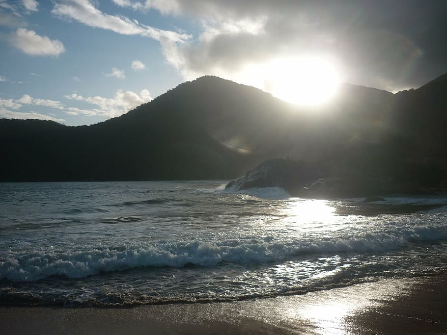 beach, sunset, holidays, water, sky, mountain, sea, beauty in nature HD wallpaper