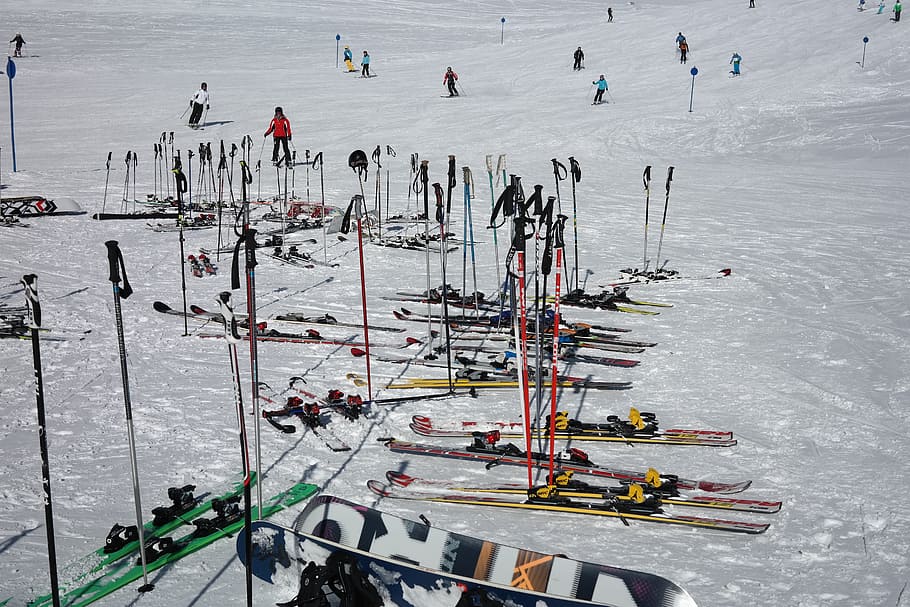 snow skis on snow, ski poles, break, rest, ski run, skiing HD wallpaper