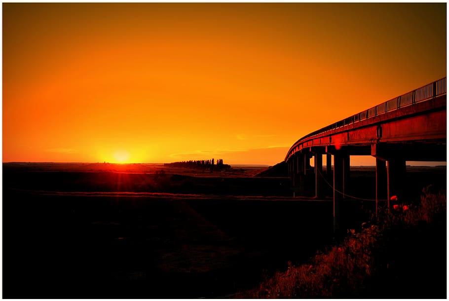 photo of bridge during sunset, red, sky, dusk, nature, outdoors HD wallpaper