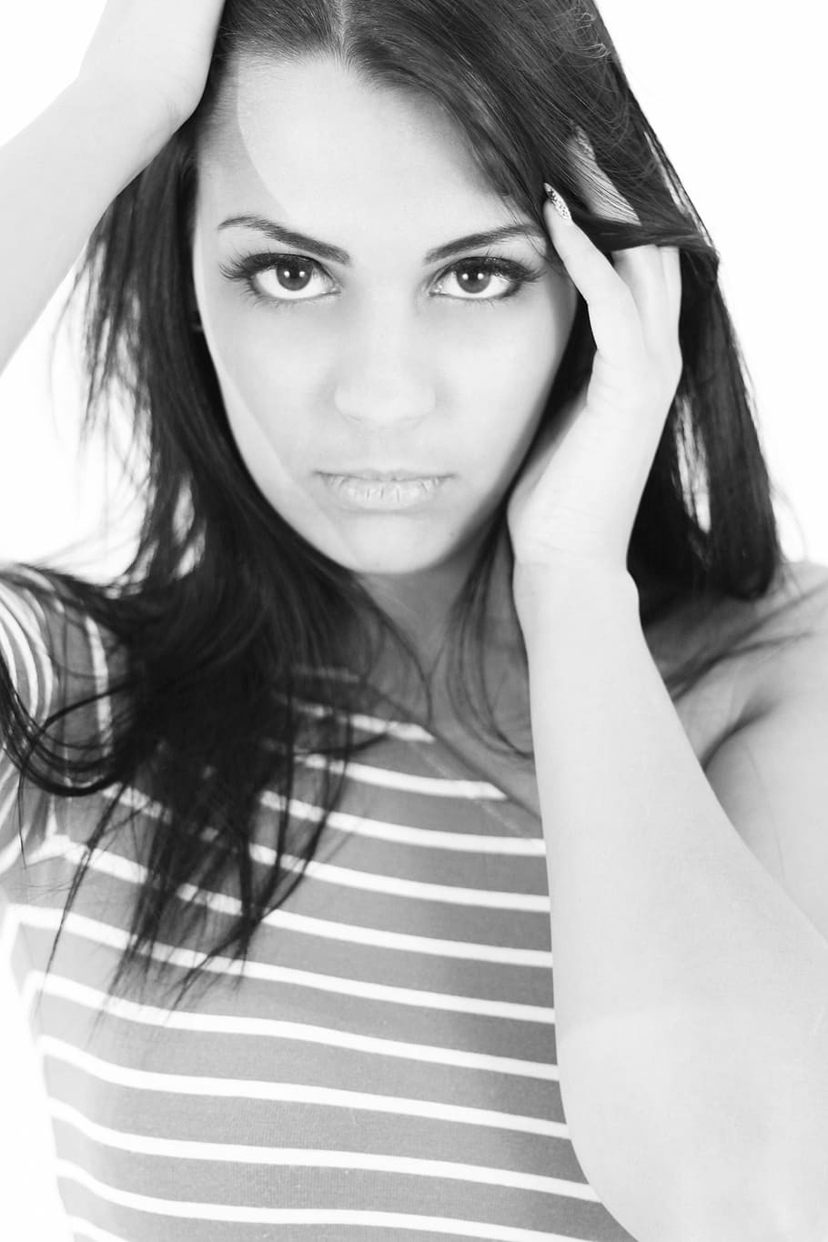 portrait photo of woman holding her hair, nice, exotic, model HD wallpaper