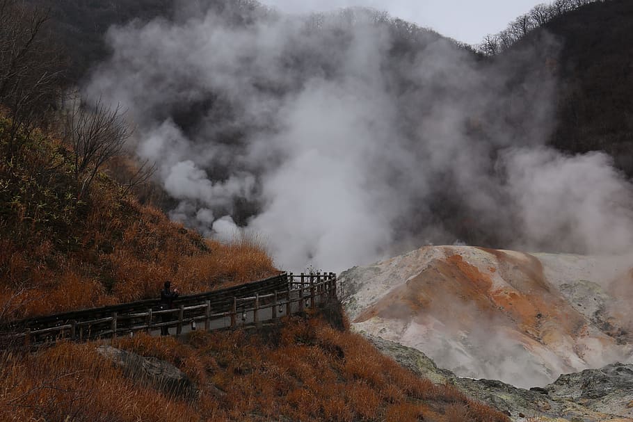 noboribetsu hell valley, volcano, japan, smoke - physical structure