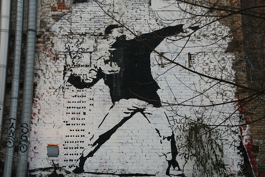 grayscale photo of man, anarchy, graffiti, berlin graffiti HD wallpaper