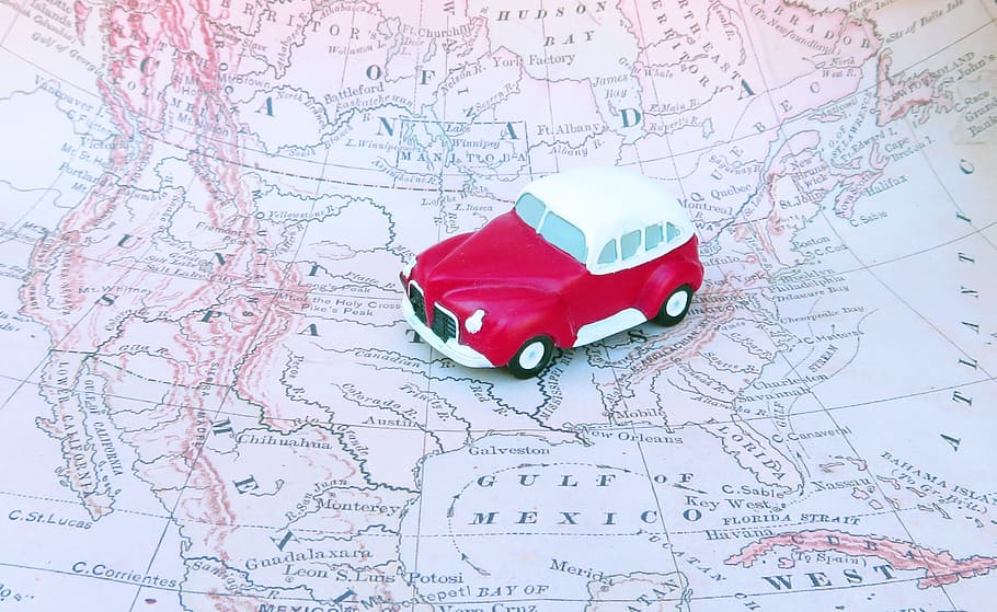 red and white car scale model on map, Car, Trip, Road Trip, Travel, HD wallpaper