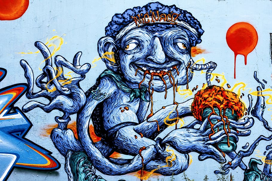 monster eating painting, grafitti, graffiti, street art, colorful