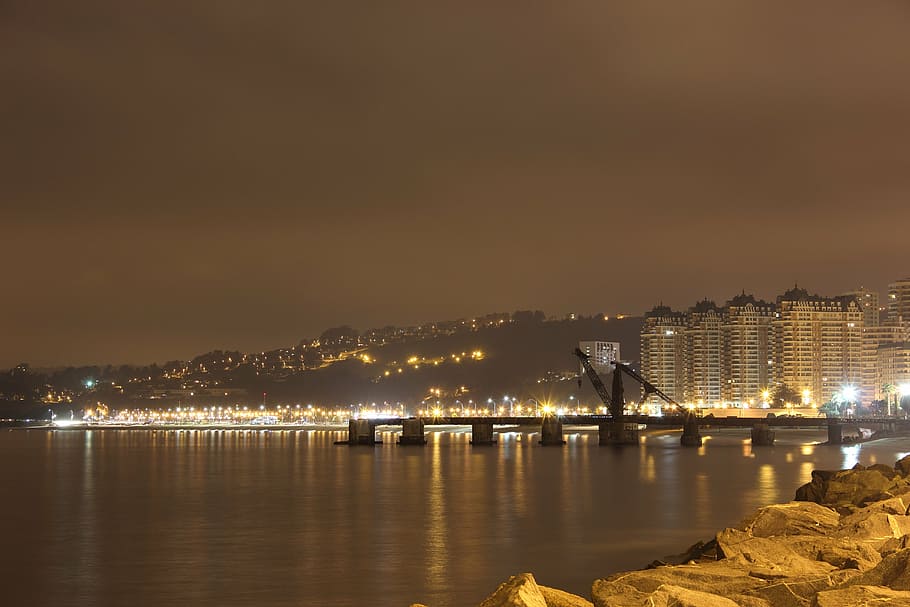viña del mar, landscape, city, illuminated, water, architecture, HD wallpaper