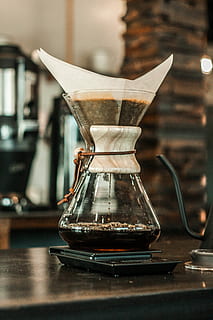 shallow focus photo of clear glass container, clear glass flask with coffee HD wallpaper