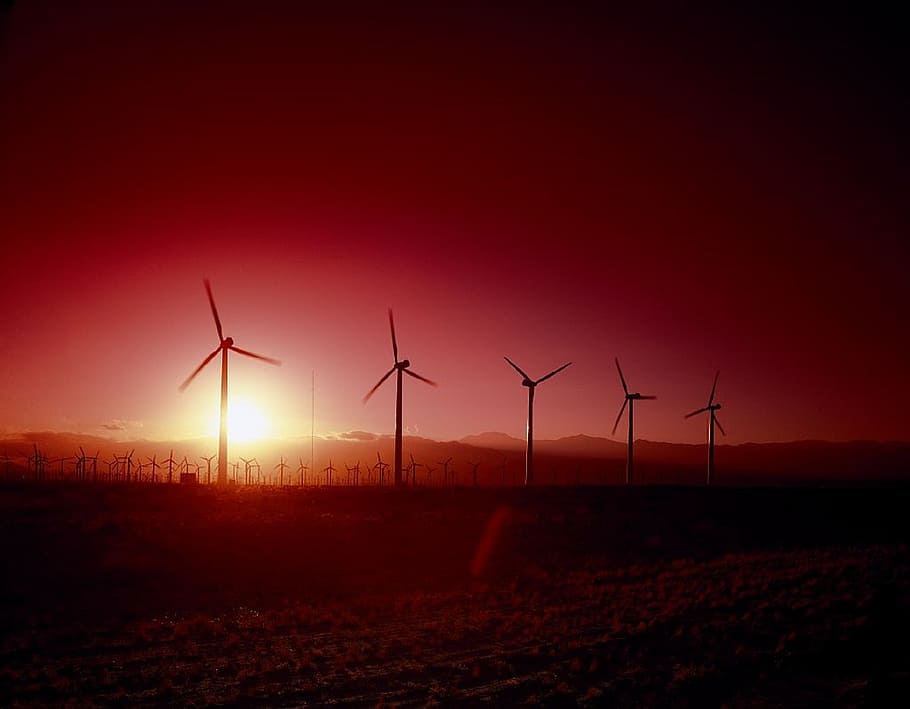 windmill during sunset, windmills, turbines, electricity, power HD wallpaper