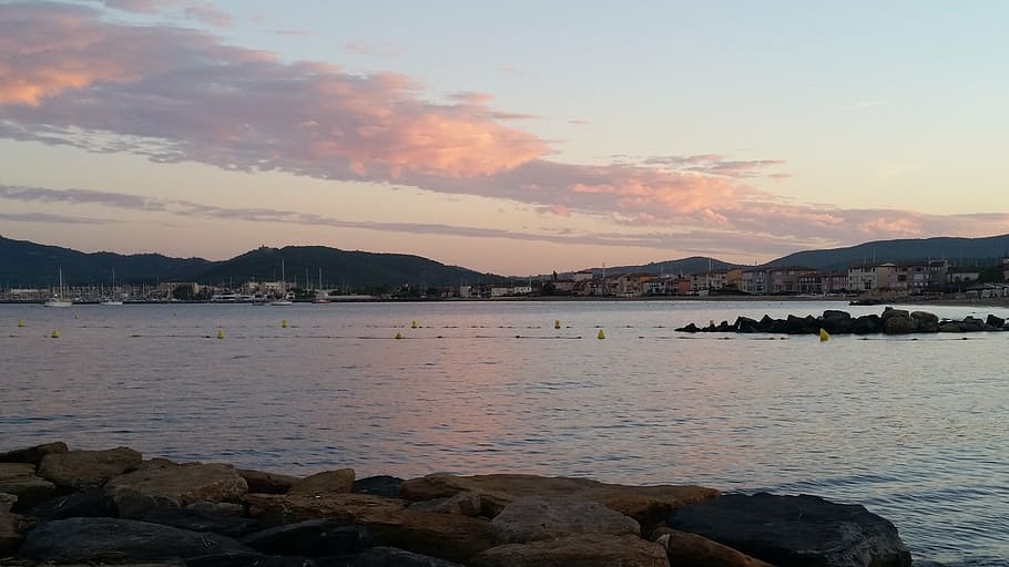 evening red, sea, bay, clouds, evening sky, water, sunset, mountain HD wallpaper