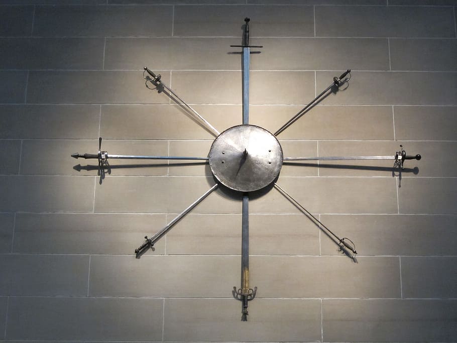 weapons, sword, medieval, combat, shield, museum, indoors, wall - building feature HD wallpaper