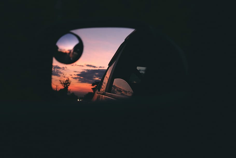 silhouette of a car on side mirror view, window, vehicle, sunset HD wallpaper