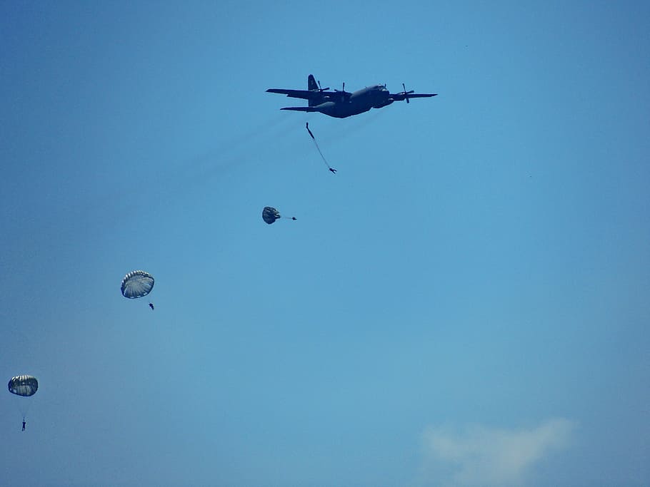 skydiving, parachute, plane, army, blue, height, people, courage HD wallpaper
