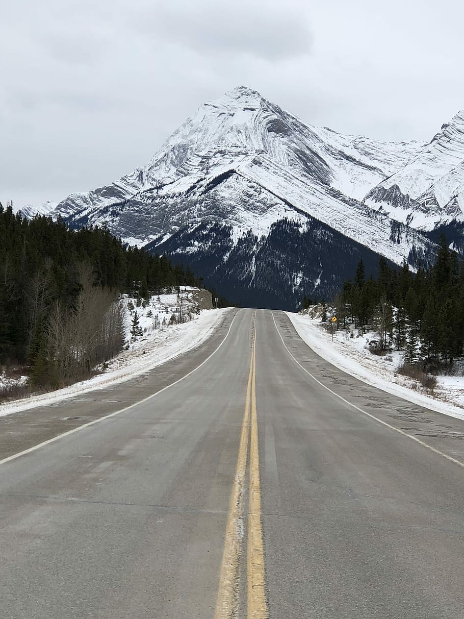 black concrete road path, mountain, snow, highway, travel, direction HD wallpaper