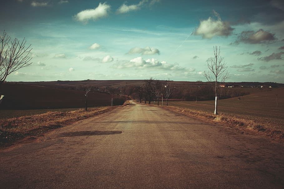 grey road during daytime, brown, calm, clouds, cloudy, country HD wallpaper