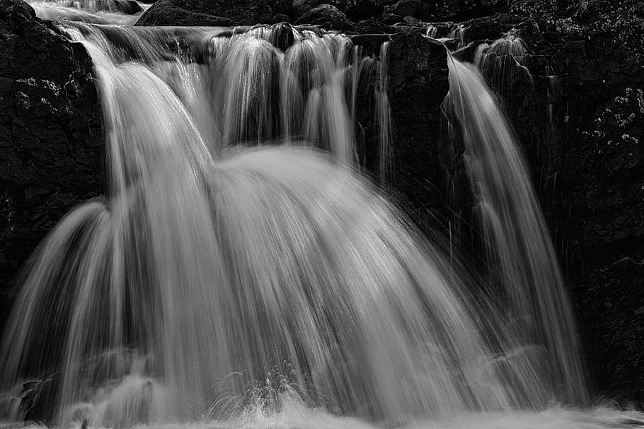 landscape photography of waterfalls, low angle of waterfalls near rocks HD wallpaper
