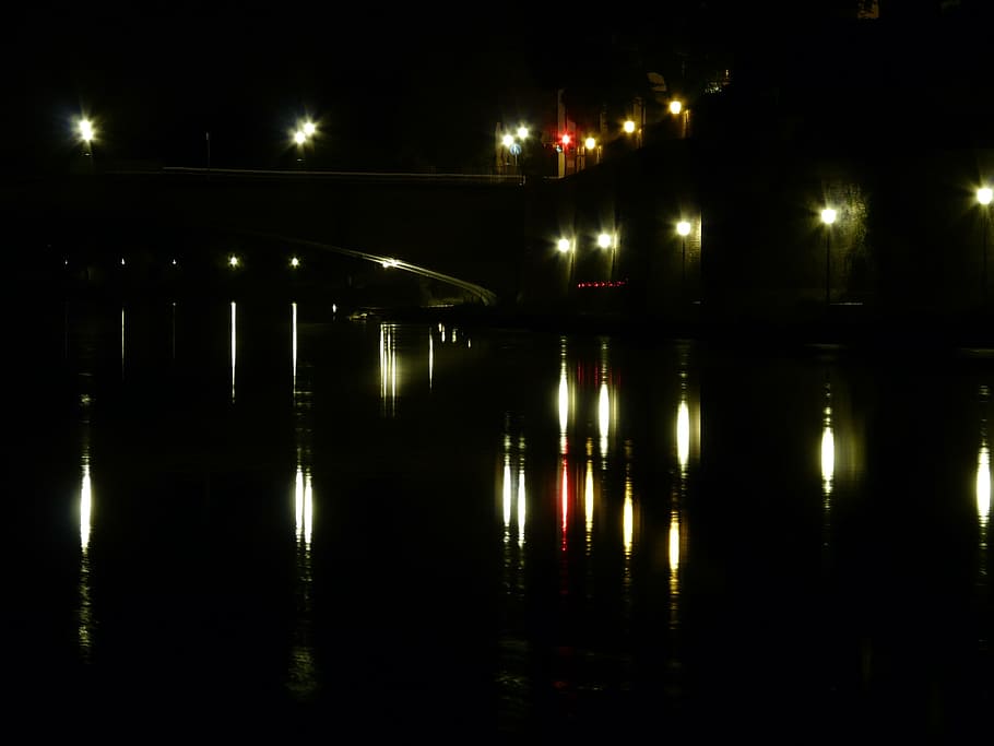 Mirroring, Night, Water, Dark, River, night photograph, lights HD wallpaper