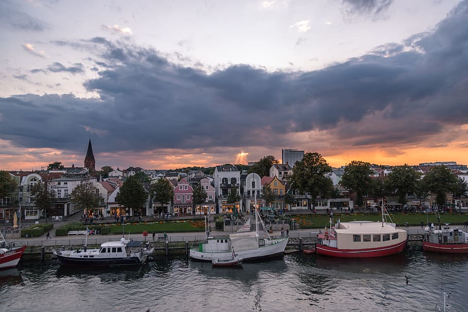 clouds, warnemünde, promenade, sunset, sky, nautical vessel HD wallpaper